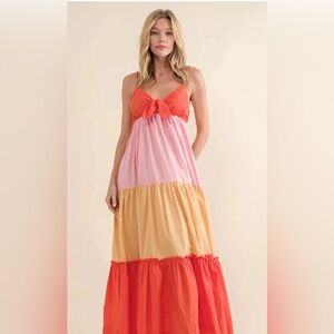 Scotch & Soda Color Block Maxi Dress Tiered Ruffles Side Zipper EuC Sz L